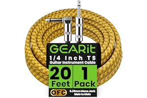 GEARit Audio Instrument Cable (20ft) Right Angle to Straight 1/4 Inch Male to Male for AMP Cord, Base and Electric Guitar - B