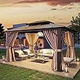 Aoxun 10'x12' Hardtop Gazebo, Aluminum Frame Permanent Pavilion with Curtains and Netting, Outdoor Polycarbonate Gazebo, Double Roof Canopy, for Gardens, Patios, Lawns