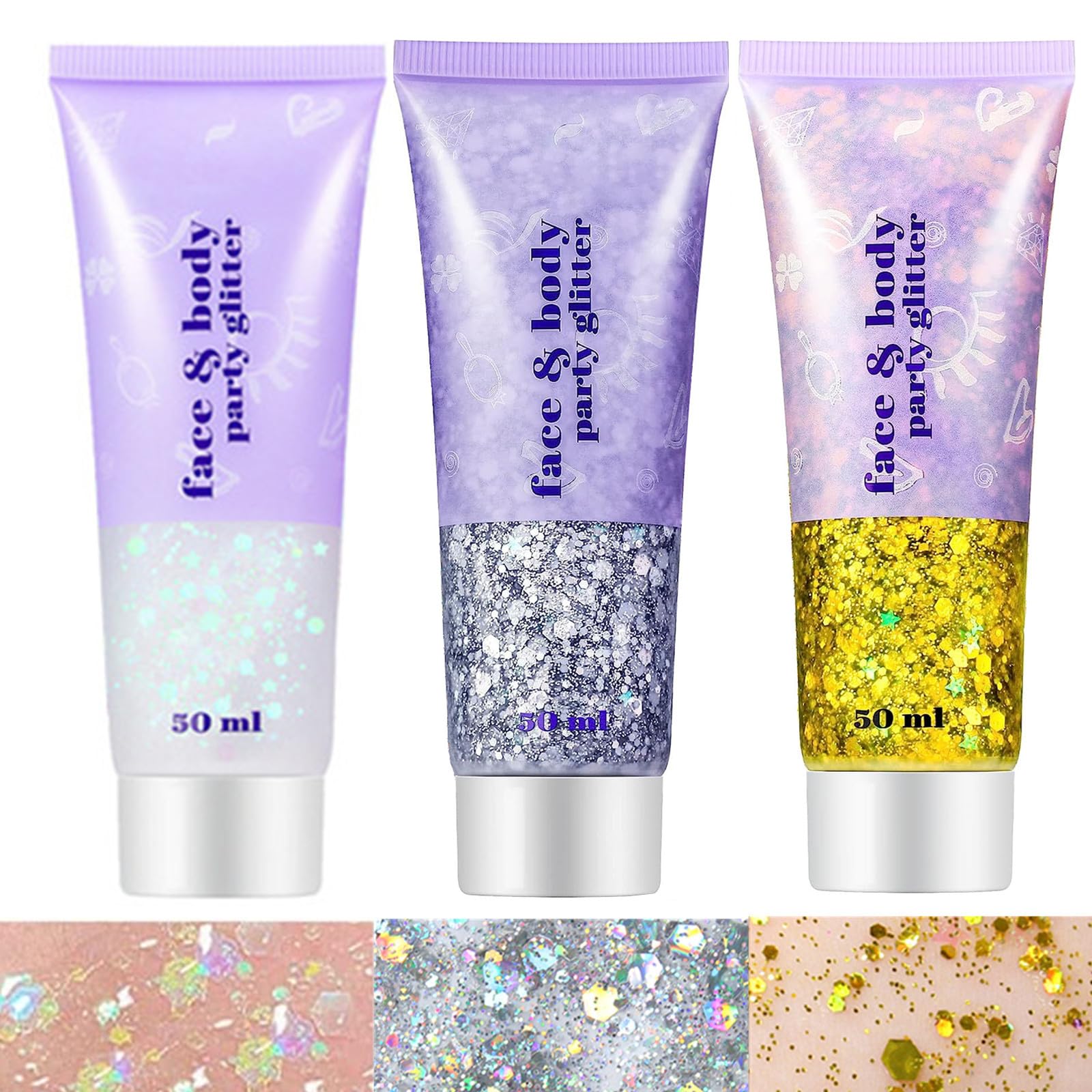 Go Ho White Silver and Gold Body Glitter Set,Singer Concerts Face Glitter Gel Makeup,Holographic Long Lasting Chunky Sequins Glitters for Eye Lip Hair Nails,Festival Rave Accessories — image 1