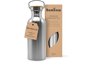 Bambaw Stainless Steel Water Bottles 32 oz, Non-insulated Single Wall Metal Water Bottle Stainless Steel, Reusable & Eco Friendly, Dishwasher Safe – Silver
