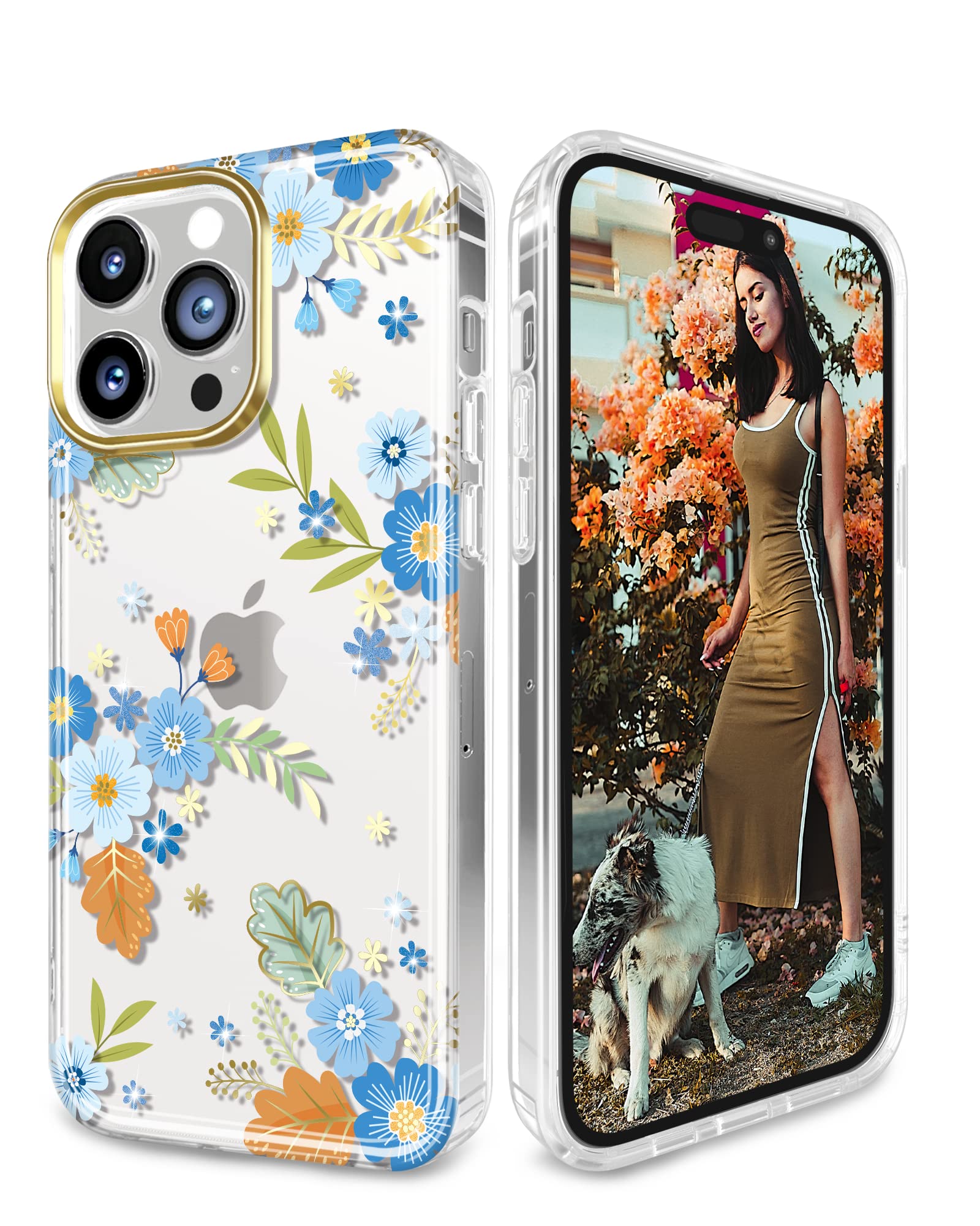 JIAXIUFEN Designed for iPhone 14 Pro Max Case with Screen Protector + Camera Lens Protector Glitter Plated Flower Shockproof Clear Floral Protective Women Girl Phone Cover, Blue Green