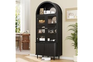 DHH 71" Tall Arched Kitchen Pantry, Modern Farmhouse Wood Kitchens Storage Cabinets with Sliding Doors＆ Adjustable Shelves, V