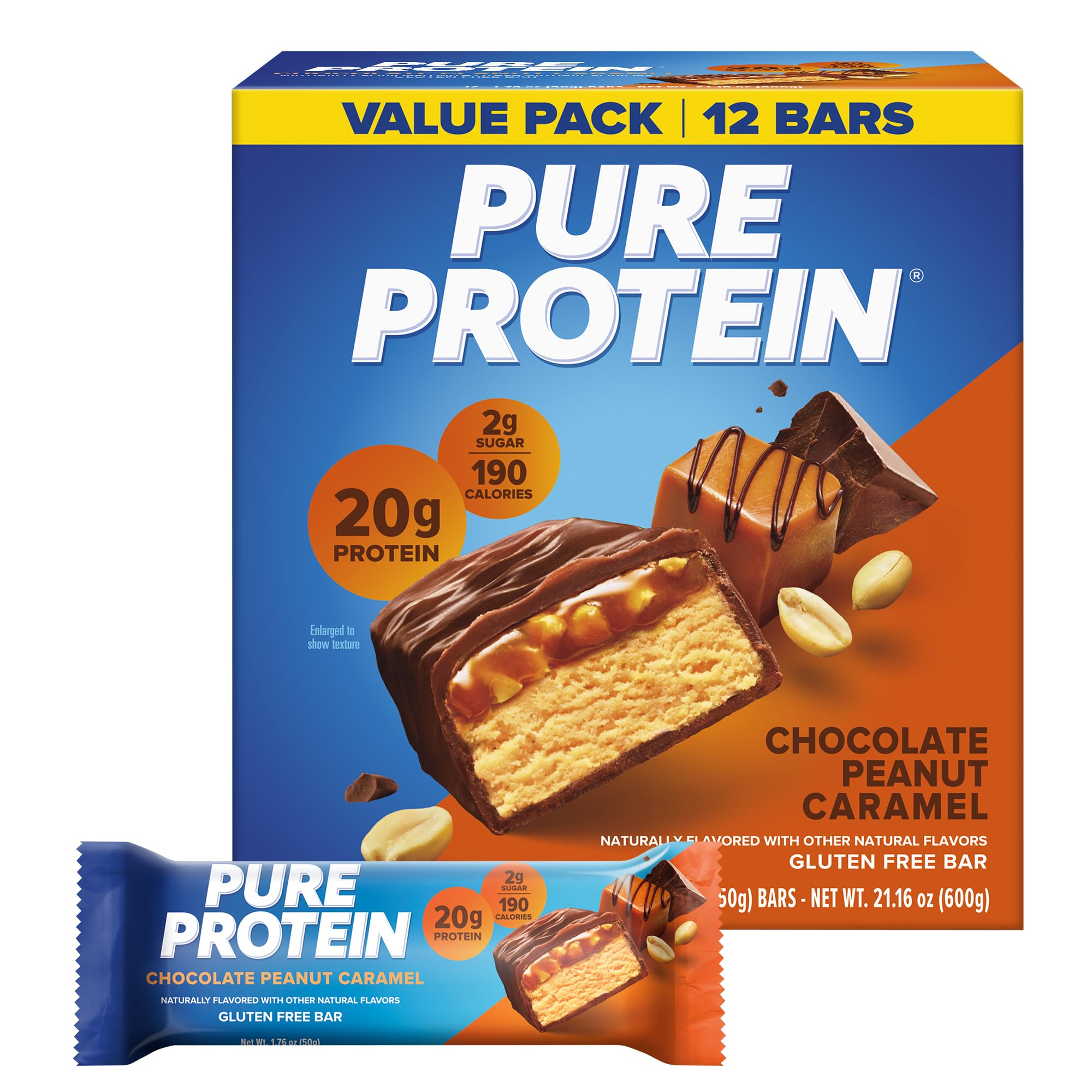 Pure Protein Chocolate Peanut Caramel Protein Bars, 20g Protein, 12 Ct