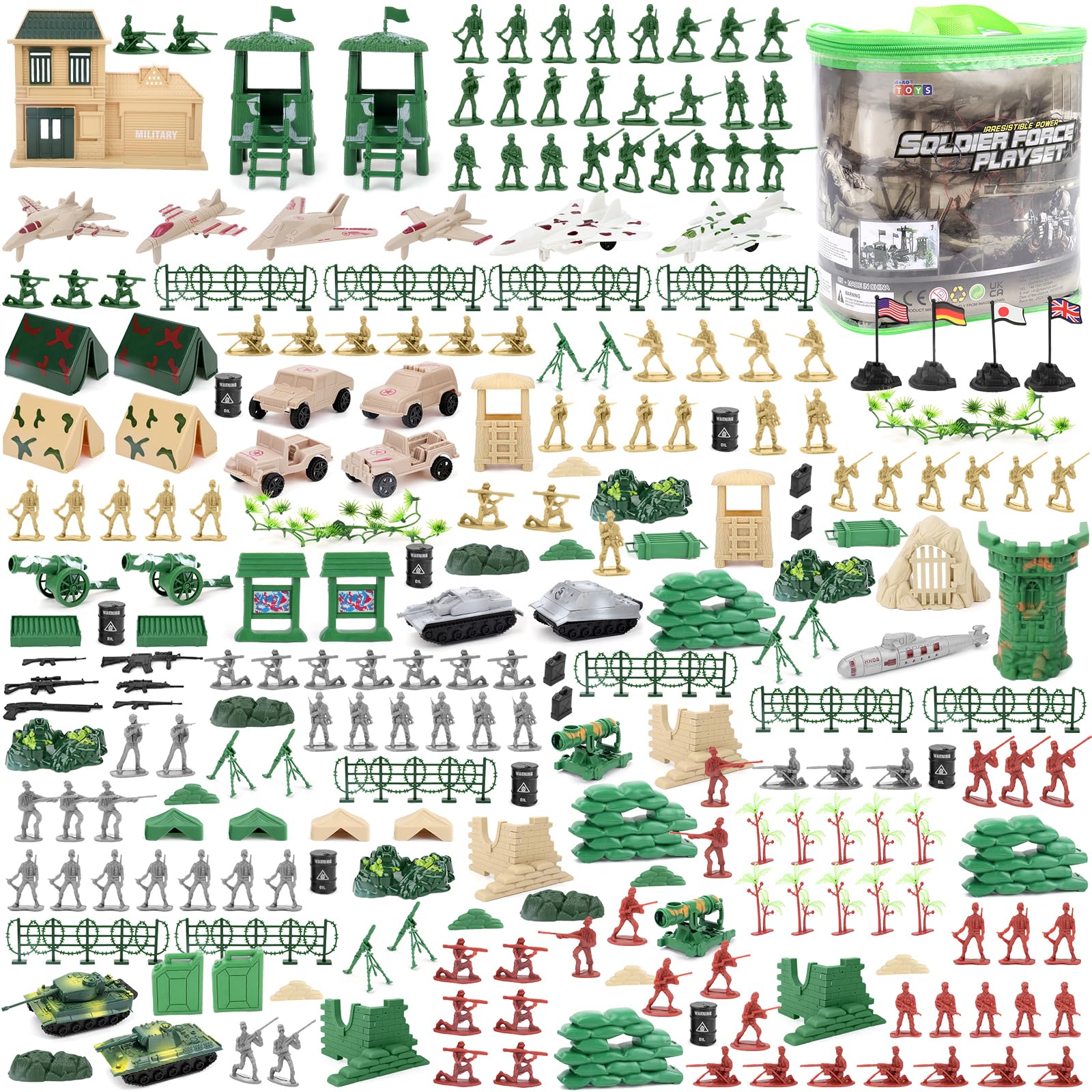 deAO 303 PCS Military Play Set with Toy Soldiers; Military Figures; Tanks; Vehicles; Flags; Carry Case; Army Base and Battlefield Accessories, Educational Toy, Birthday Gift for Kids Age 3+