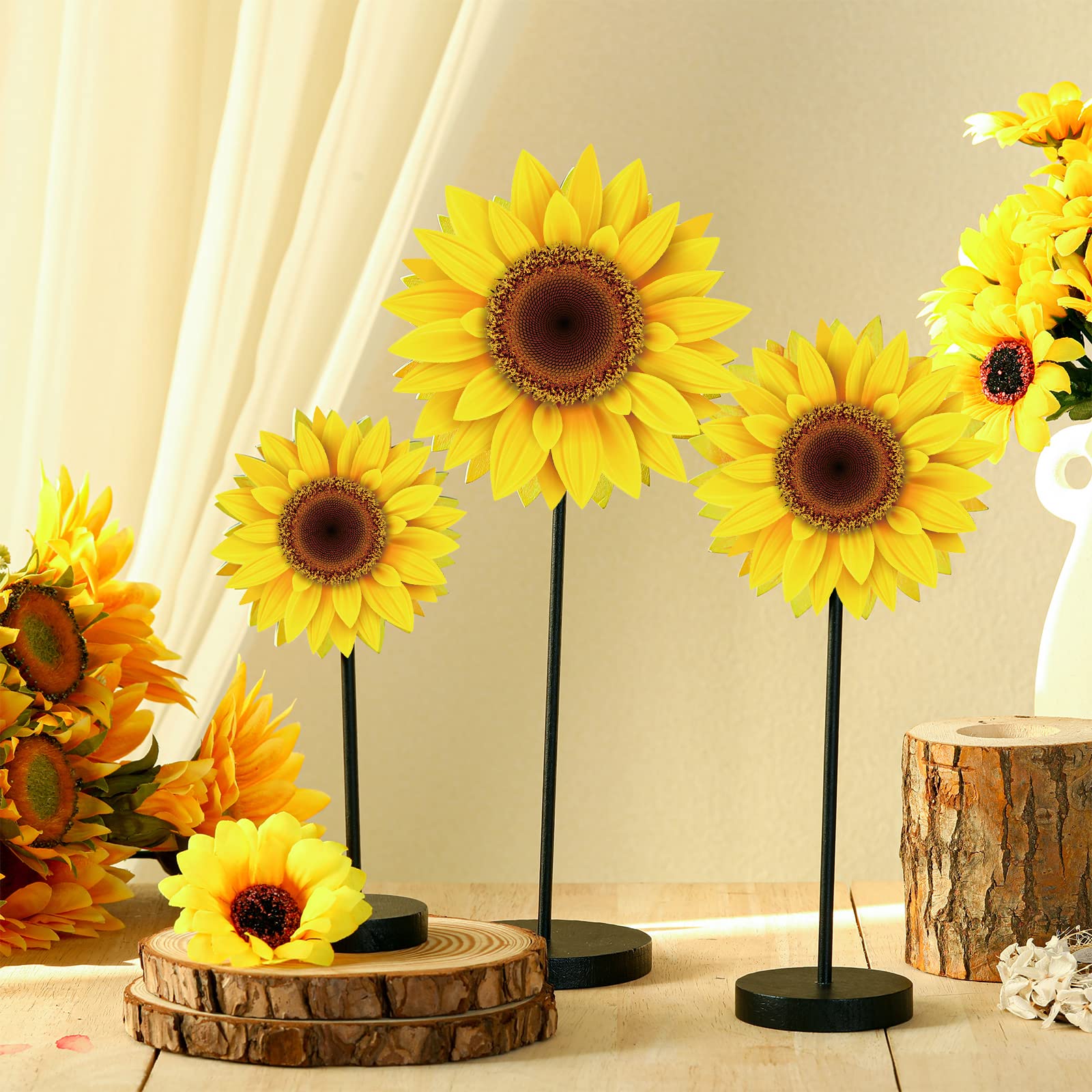 Maitys 3 Pcs Spring Table Decor Summer Sunflower Wood Table Sign Spring Freestanding Butterfly Tabletop for Home Kitchen Rustic Centerpiece Standing Tiered Tray Shelf Decorations(Classic Sunflower)