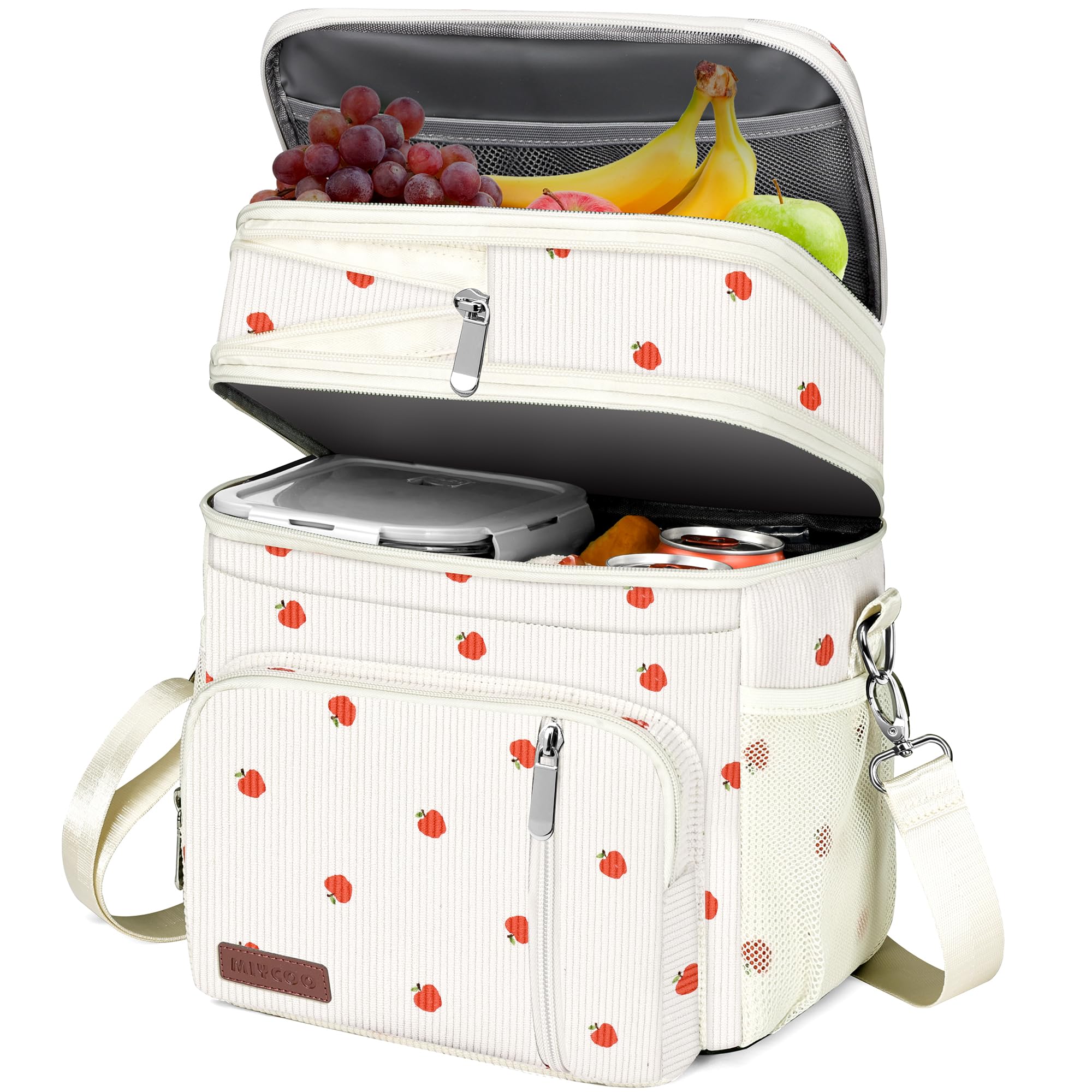 MIYCOO Lunch Bag & Lunch Box for Women Men Double Deck - Leakproof Insulated Soft Large Adult Lunch Cooler Bag for Work (Corduroy Apple, 15L)