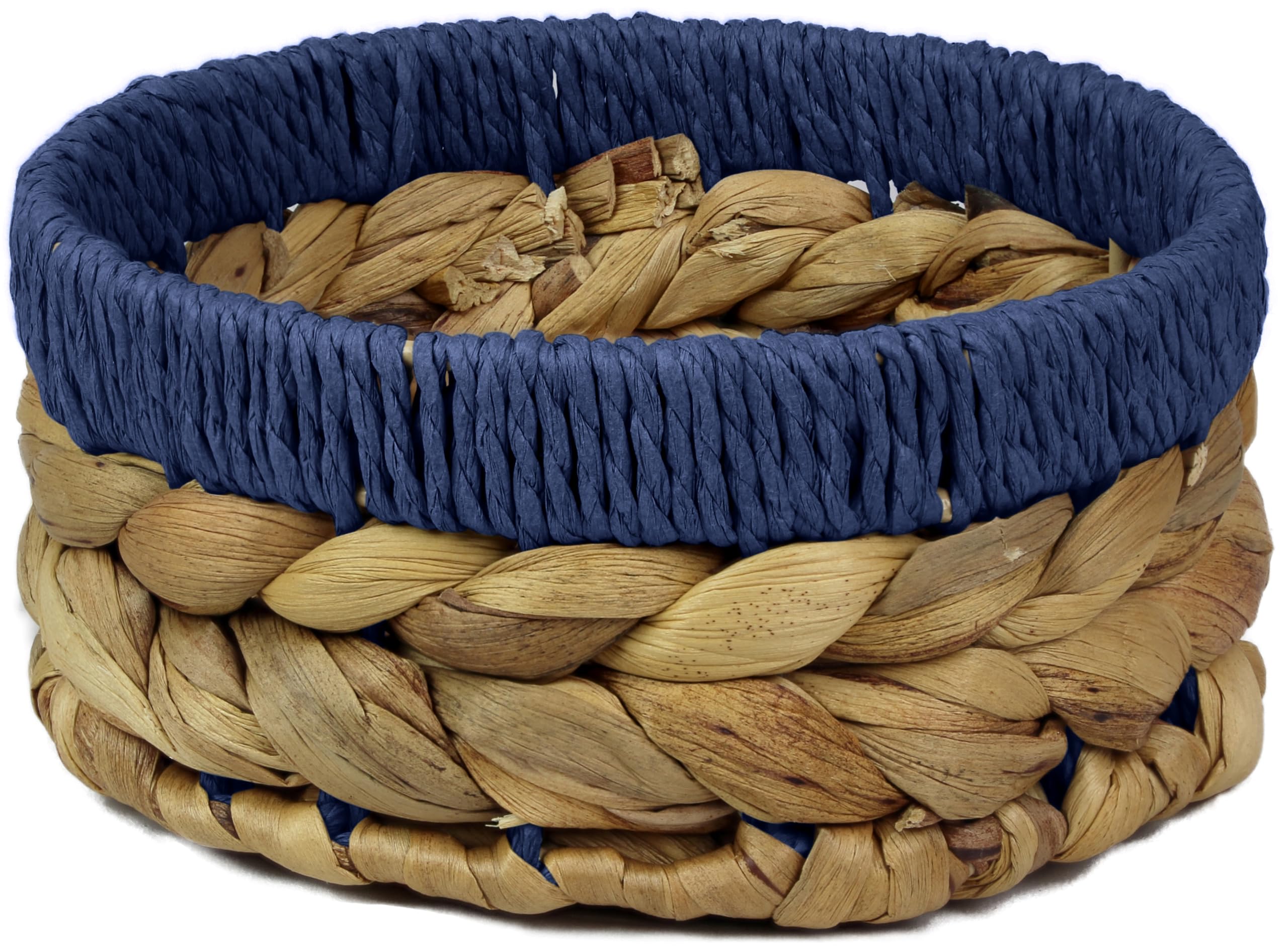 Small Water Hyacinth round baskets for storage Natural Blue edges for shelves open hamper. Decorative gift mini tray make up Kitchen organiser (1 x Pack, Medium 18cm)