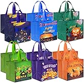 AhfuLife 12 Pcs Halloween Trick or Treat Bags, Candy Tote Bags with Handles, Reusable Non-Woven Gift Bag for Halloween Party Supplies Favors (7.8×7.8×5.9’’)