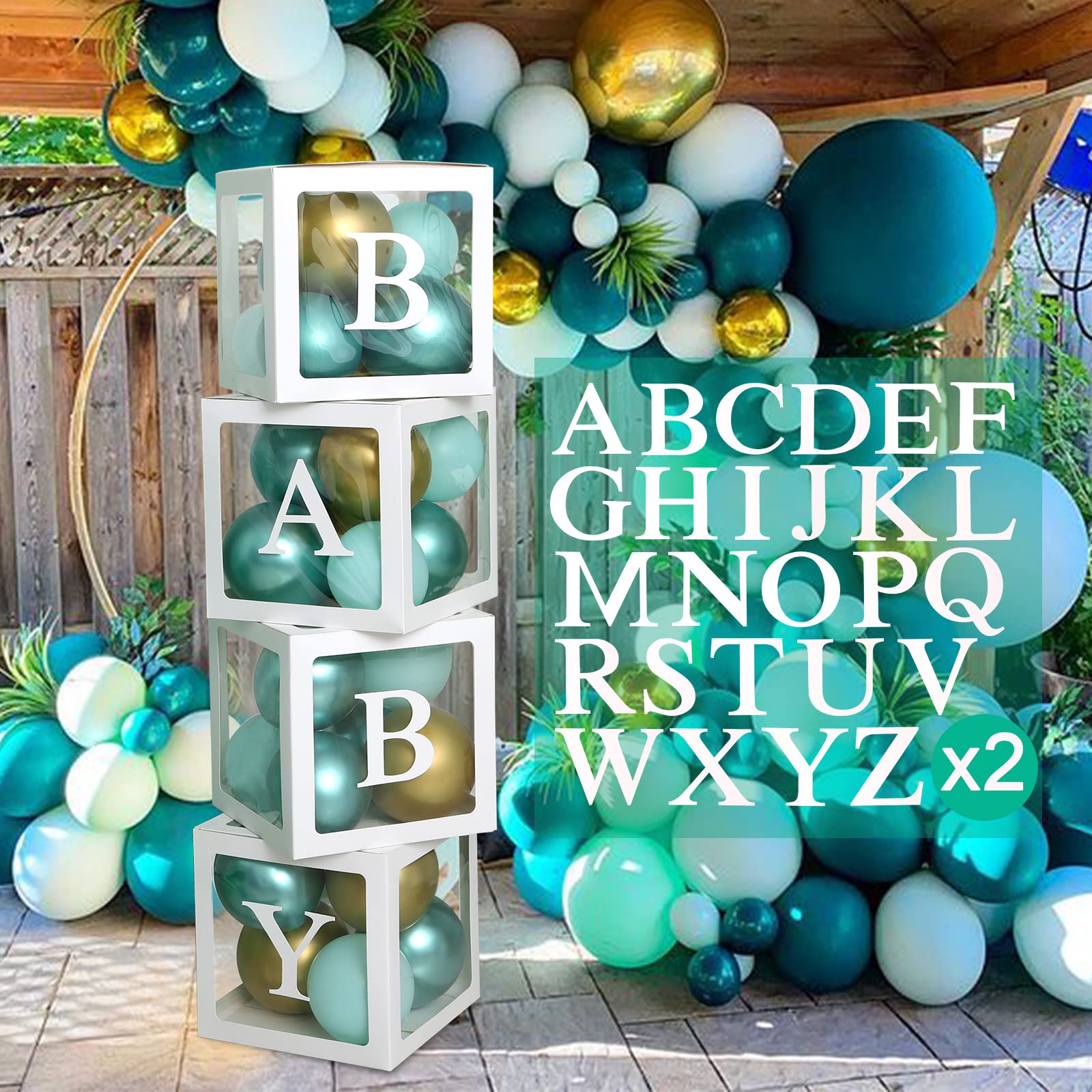 Baby Shower Decoration Balloon Boxes - 4pcs Transparent Balloon Boxes with Letters(2 Sets of A-Z), Baby Balloon Boxes for Baby Shower Boy Girl Gender Reveal Birthday Prom Grad Decorations Christening