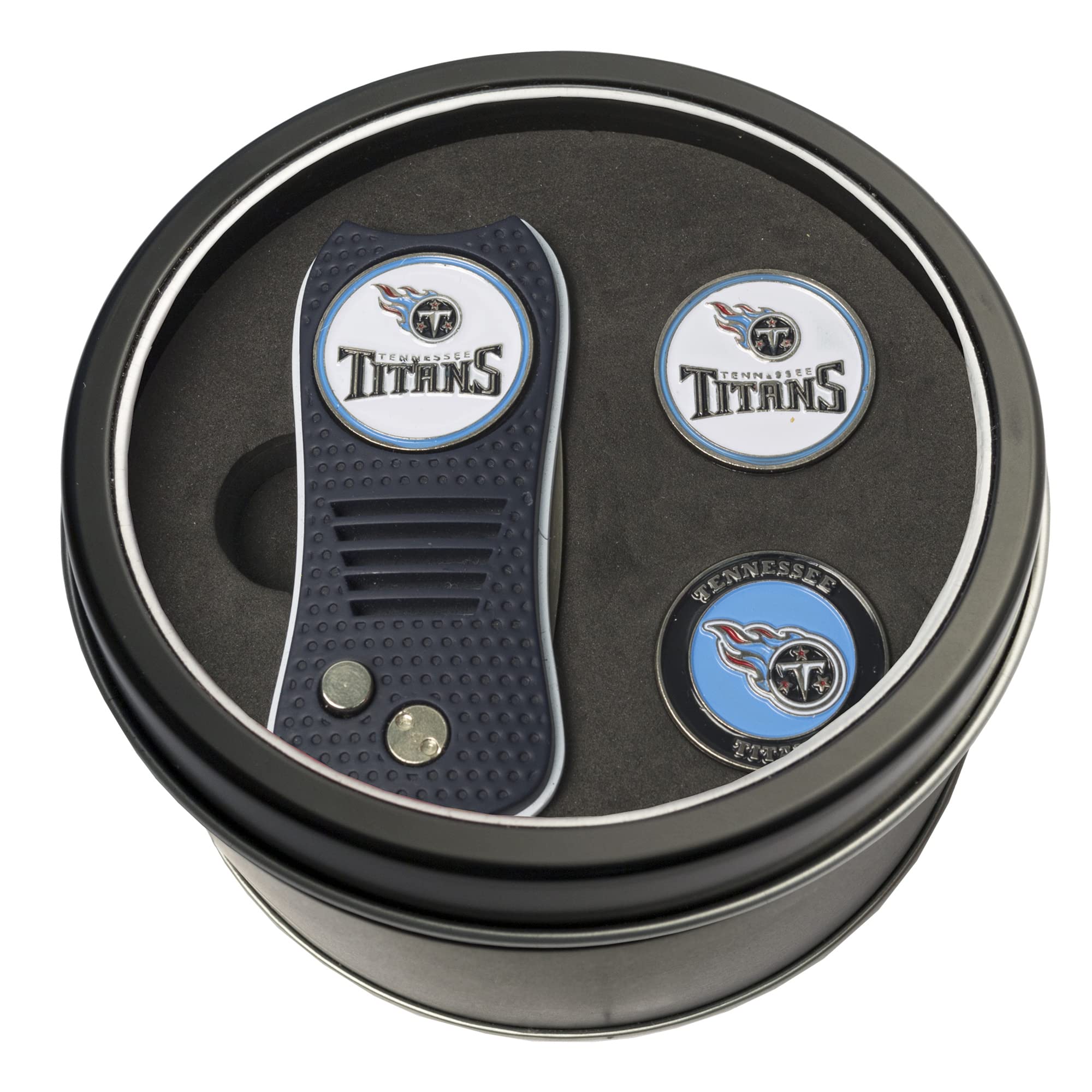 Team Golf NFL Tennessee Titans Tin Gift Set with Retractable Divot Tool and 2 Ball Markers Gift Set with 3 Magnetic Ball Markers, Patented Single Prong Design, Causes Less Damage to Greens โ image 1