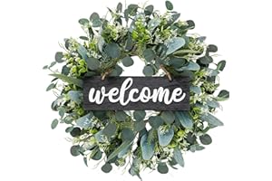 Dremisland Green Eucalyptus Wreath with Welcome Sign 22in Spring Summer Artificial Eucalyptus Wreath for Front Door, Wall, Wi