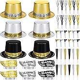 Shappy 48 Pcs New Year's Eve Party Supplies for 12 Guests 2026 Party Supplies Top Hat Headbands Tiara Fringed Noise Makers(Black Gold Silver)