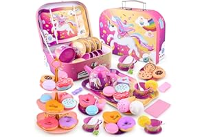 Auney Tea Party Set Toys for Girls, Tin Unicorn Tea Set Pretend Play Girls Toys Gifts for Age 3-6, Kids Toys Gifts for Toddlers Including Carrying Case (New Unicorn)