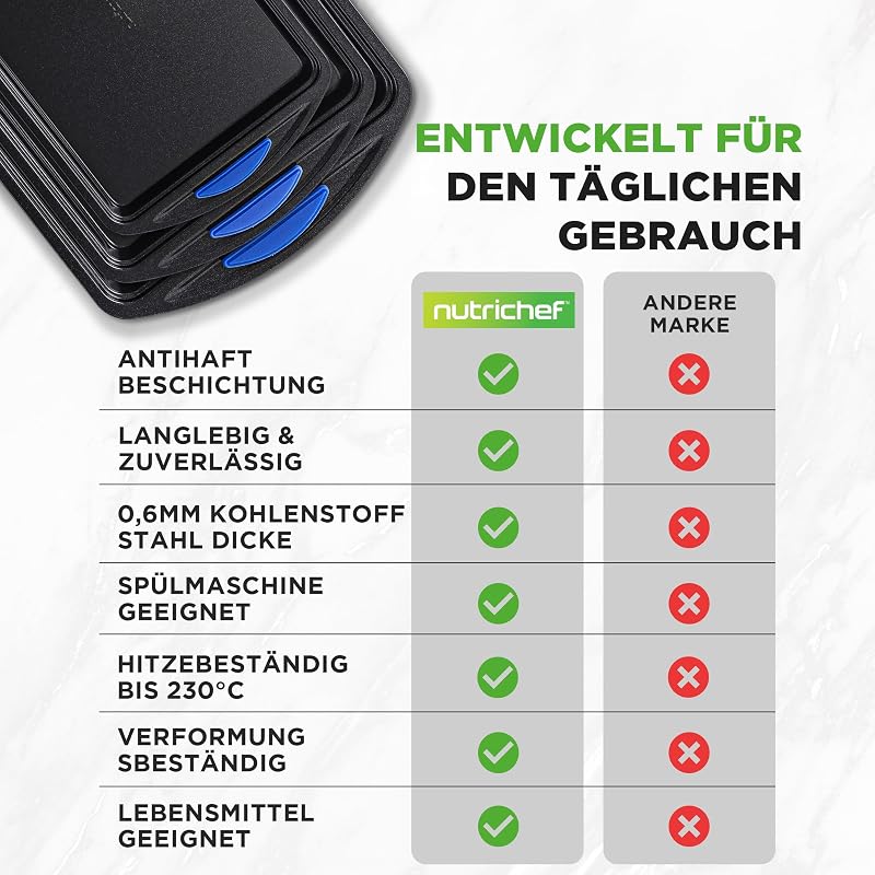 Backblech Set 3-teilig – Antihaft Ofenbleche Blau mit Silikongriffen, 45.5x27 cm, 40x25 cm, 35x22 cm PFOA-frei, stapelbar und langlebig, rutschfest, gut für Pizza, Kuchen, Brot, Blau/Schwarz — Foto 4 von 8