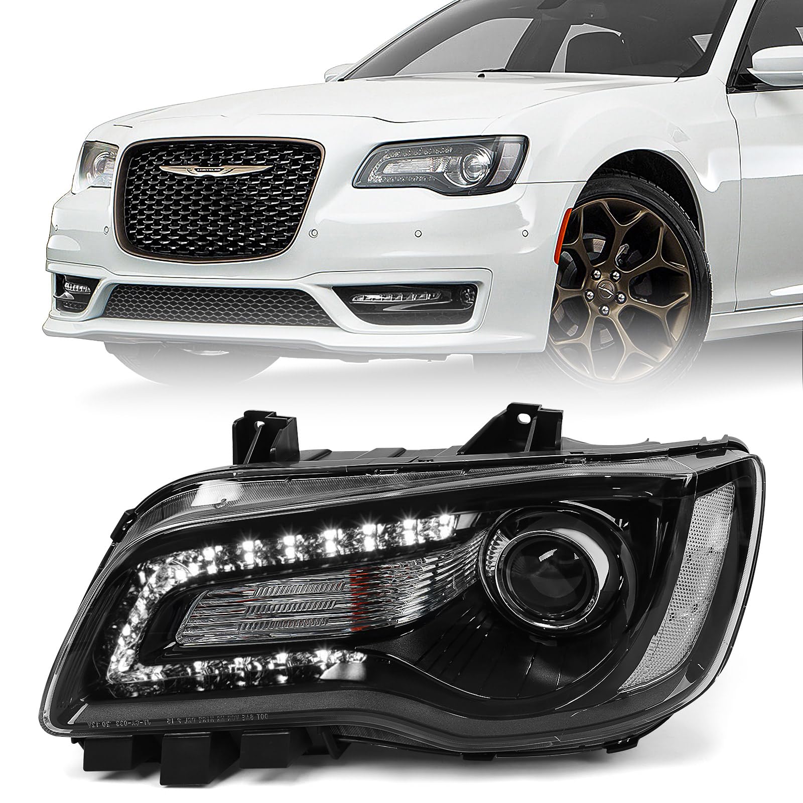 Photo 1 of VLINCAR Halogen Headlight Assembly Compatible with Chrysler 300 300C 2015 2016 2017 2018 Headlamp with Bulbs w/LED DRL Black Housing & Clear Reflector Left Driver Side