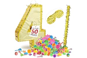 HOMEIFY Gold Foil Number 4 Pinata for Birthday Party for Girls & Boys with Gold Blindfold and Pinata Stick, Prefilled with 50 Party Favors for Kids, 4th Birthday Party Decorations