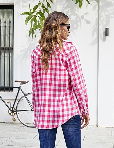 Zeagoo Womens Pink Plaid Shirt, Roll up Sleeve Casual Boyfriend