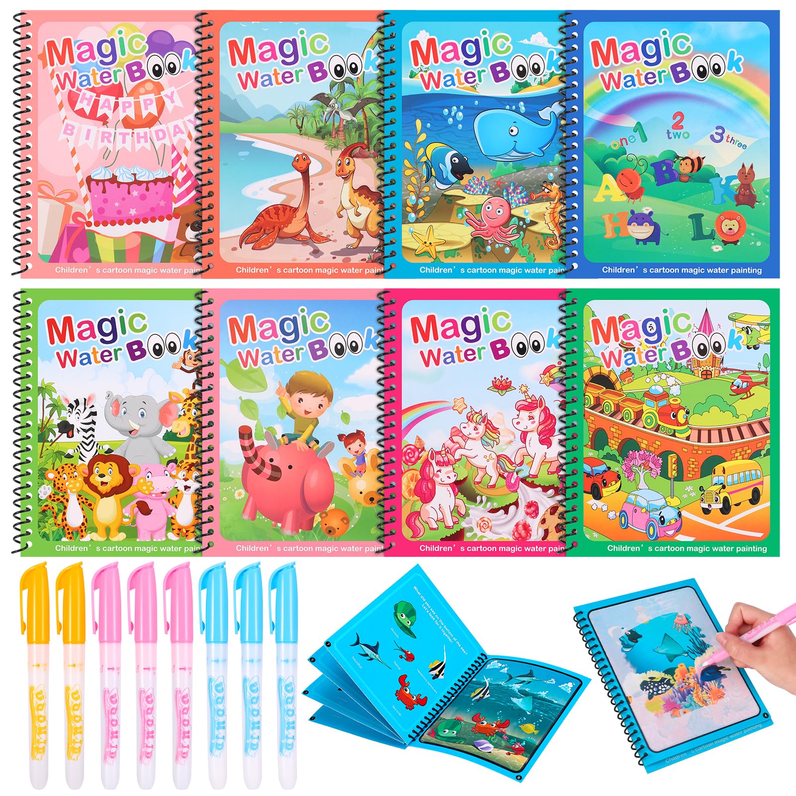 Magic Water Colouring Books, 8 Pcs Reusable Water Painting Books with 8 Water Pens, Magic Painting Books Coloring Book Educational Learning Toy for Kids 3 4 5 6 Year Old Boys Girls