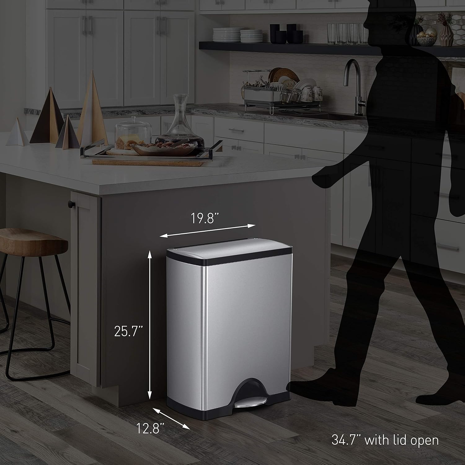 simplehuman 46 Liter / 12.2 Gallon Rectangular Dual Compartment Recycling Kitchen Step Trash Can, Brushed Stainless Steel: Home & Kitchen
