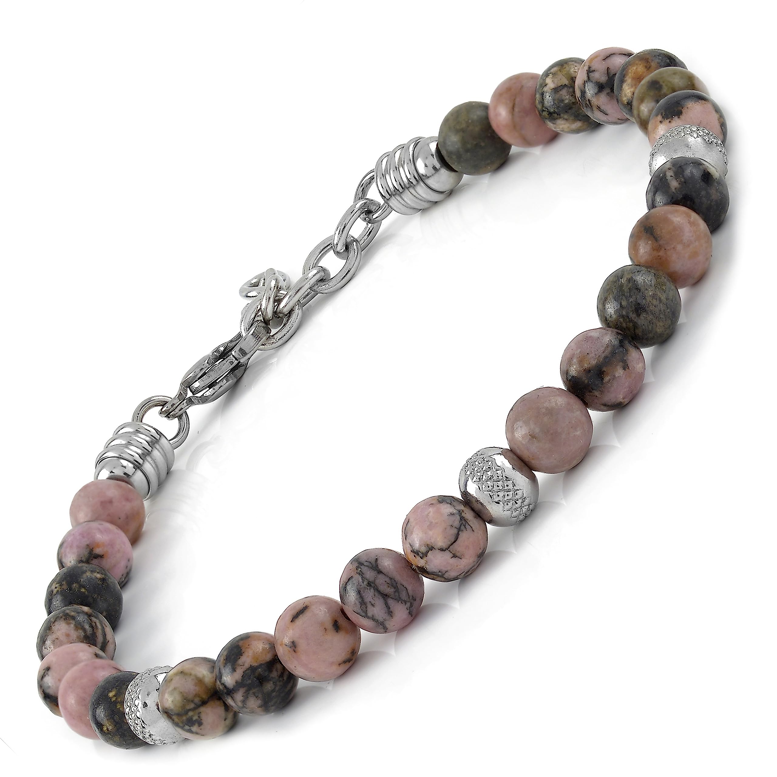 10:10 Jewels Men's and Women's Bracelet with 0,25 inch Natural Rhodonite Stones, Male or Female Bracelet with Diamond Beads in Stainless Steel and Very Resistant, Made in Italy