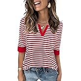 LOMON Spring Tops for Women Dressy Casual 3/4 Length Sleeve Striped Shirts Fashion V Neck Blouses 2026