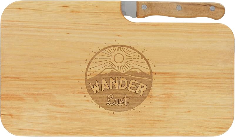 | Brotzeitbrett Holz mit Gravur “Wanderlust” & Messer | 26 x 15 cm | Frühstücksbrettchen Holz Schneidebrett Jausenbrett | Geschenk für Wanderer und Bergfreunde zum Vatertag — Foto 1 von 8