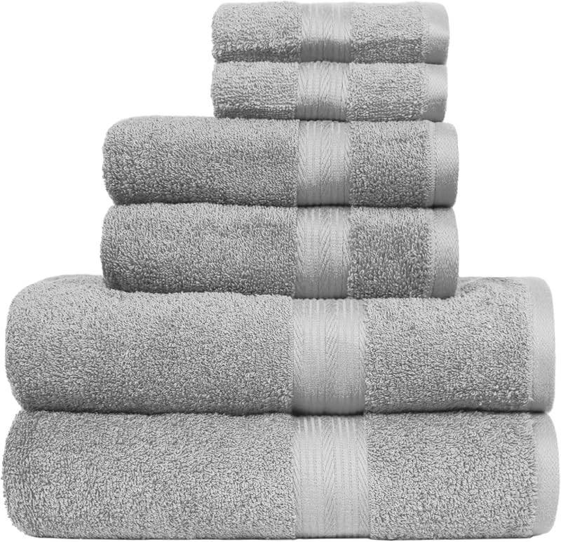Set Asciugamani Bagno Spugna 100% Cotone 2 Teli + 2 Viso + 2 Ospite, Grigio, Confezione 6 Pezzi — foto 1 di 8