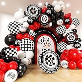 EICUECUE Race Car Balloon Arch Kit -153Pcs Different Size Balloons and Tire Flags Checkered Black Red White Balloon Garland Kit for Racing Car Two Fast 2nd Theme Birthday Anniversary Party Decorations