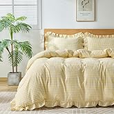 kisswish Gingham Duvet Cover Queen Size, 3 Pieces Soft Breathable Microfiber Plaid Duvet Cover with Zipper Closure &amp; 2 Pillow Shams, Ruffle Farmhouse Vintage Decor, Yellow