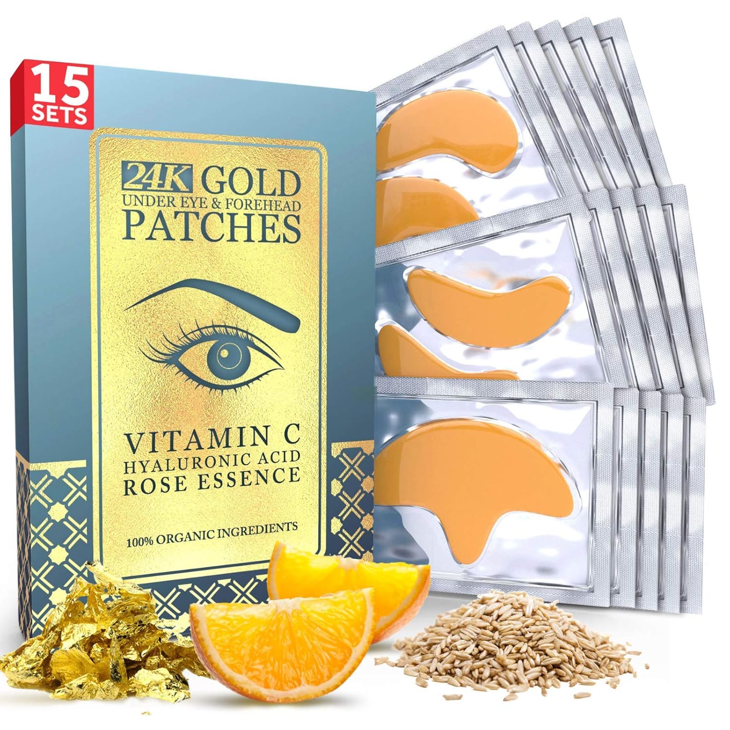 Under Eye and Forehead 24K Gold Patches - Anti-Aging Collagen Hyaluronic Acid Pads Helps Reducing Puffiness & Wrinkles & Dark Circles Bags - Gel Bags With No Parabens, Hidden Chemicals, Side Effects: Beauty