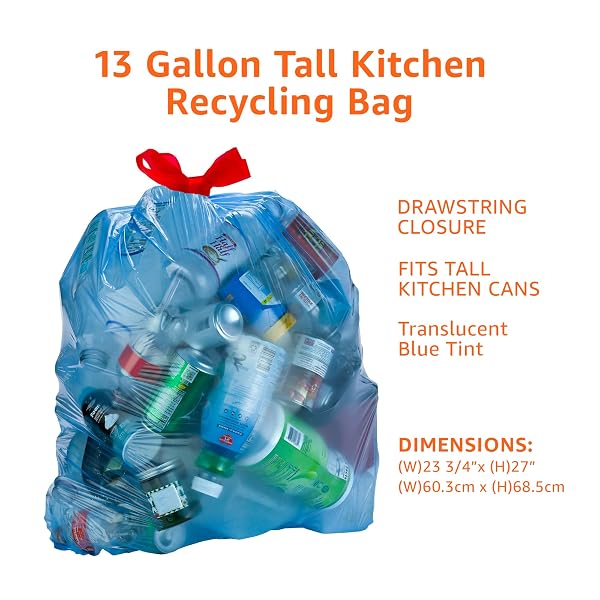 AMAZON BASICS BLUE RECYCLING TRASH BAGS, UNSCENTED, 13 GALLON, 60 COUNT, PACK OF 1