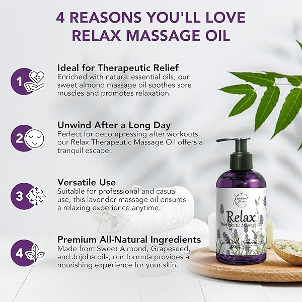 RELAX THERAPEUTIC BODY MASSAGE OIL – WITH BEST ESSENTIAL OILS FOR SORE MUSCLES & STIFFNESS – LAVENDER, PEPPERMINT & MARJORAM – ALL NATURAL – WITH SWEET ALMOND, GRAPESEED & JOJOBA OIL 8OZ
