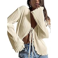 Women Bell Sleeve Tops Deep V Neck Tie Front Flare Sleeve Y2k