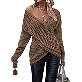 WDIRARA Women's Wrap V Neck Criss Cross Long Sleeve Asymmetrical Sweater Cable Knit Tops