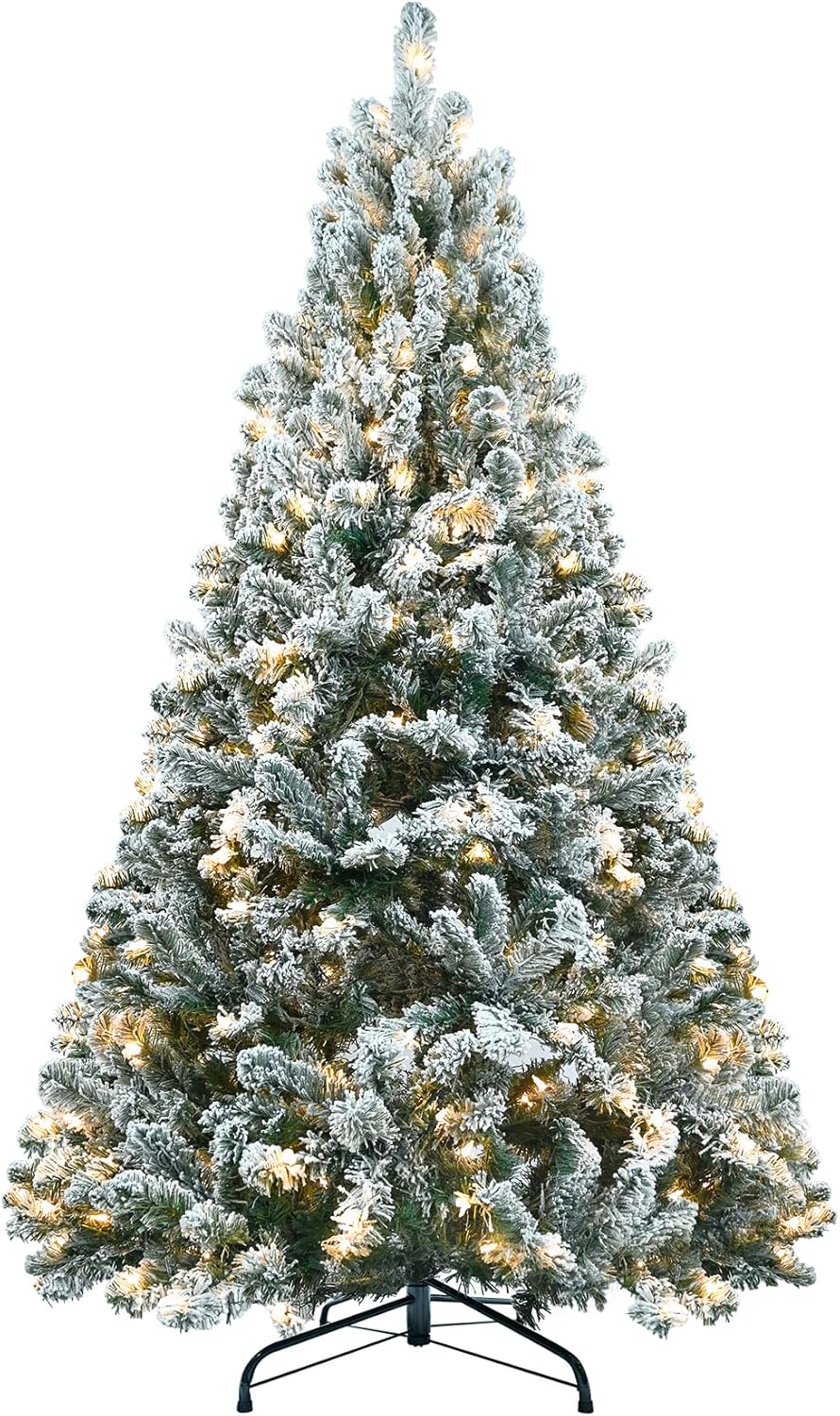 Trees - Premium Snow Flocked Christmas Tree, 8ft Pre-Lit Artificial Holiday Christmas Pine Tree, Ideal for Home, Office, and Party Decoration, Includes Metal Foldable Stand