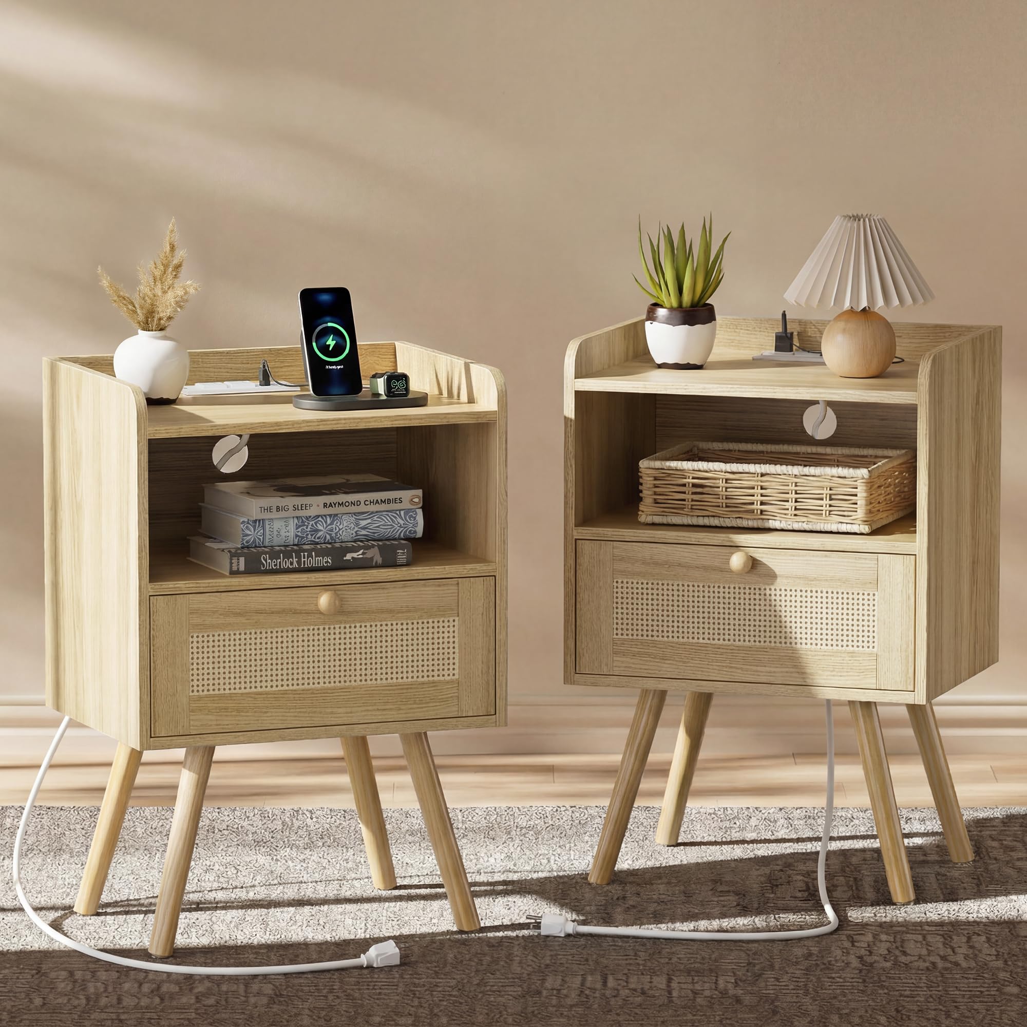 Photo 1 of ***ONLY ONE****SUPERJARE Nightstands , Night Stands with Charging Station & PE Rattan Decor Drawer, Bed Side Tables with Solid Wood Feet, End Table, for Bedroom, Living Room - Natural