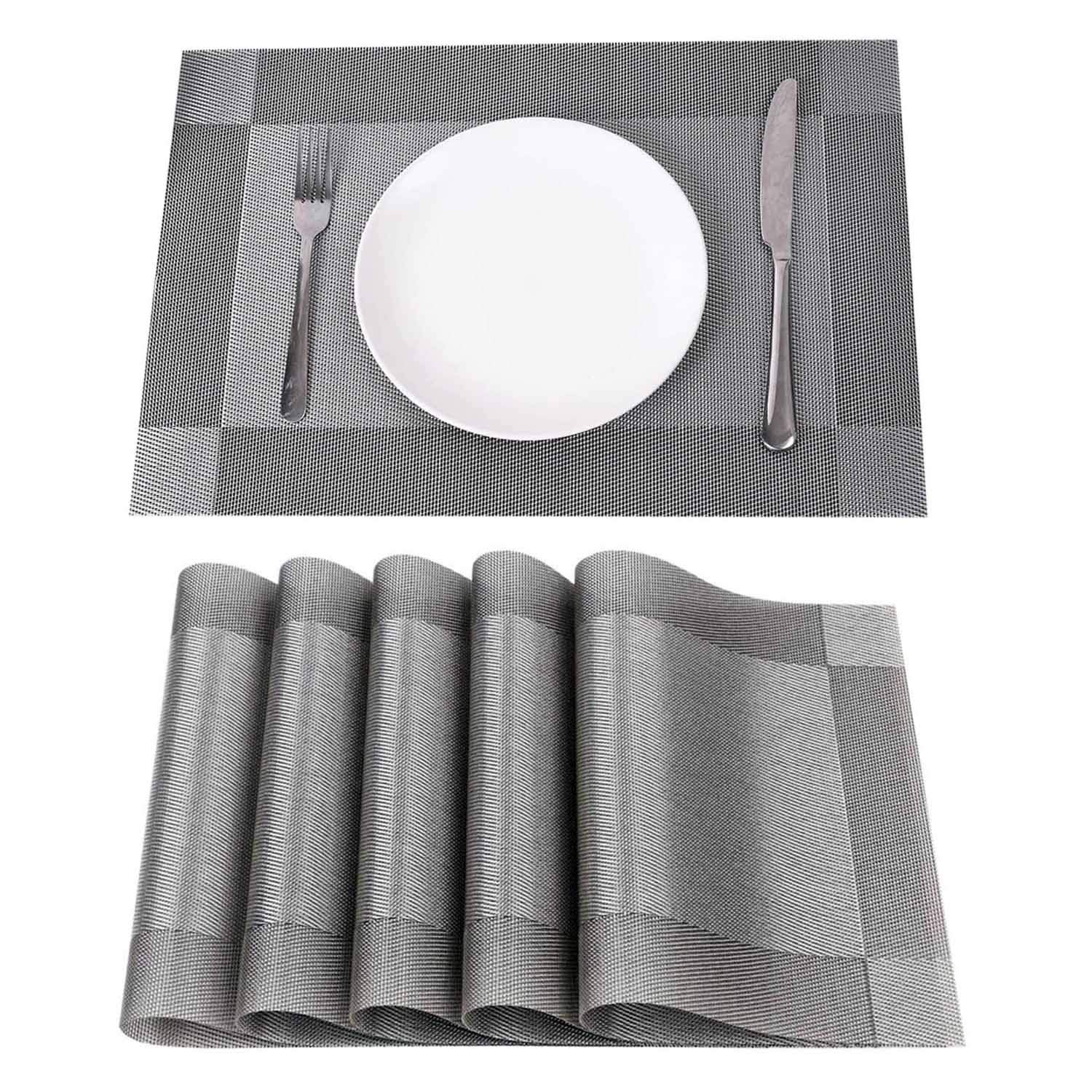 Place mats set of 6,Table Mats Non-slip Heat Resistant Dining Kitchen Table Mats Washable Crossweave Woven Vinyl table mats set of 6 (11.8 in x 17.7 in)(Silver)