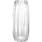 Modern Ribbed Glass Vase for Flowers, Candles and Decorative Accents - Black, Grey, Amber, Clear and Colored Tall/Short Vase for Centerpieces and Home Table Decor (Clear, H-11.8inch)
