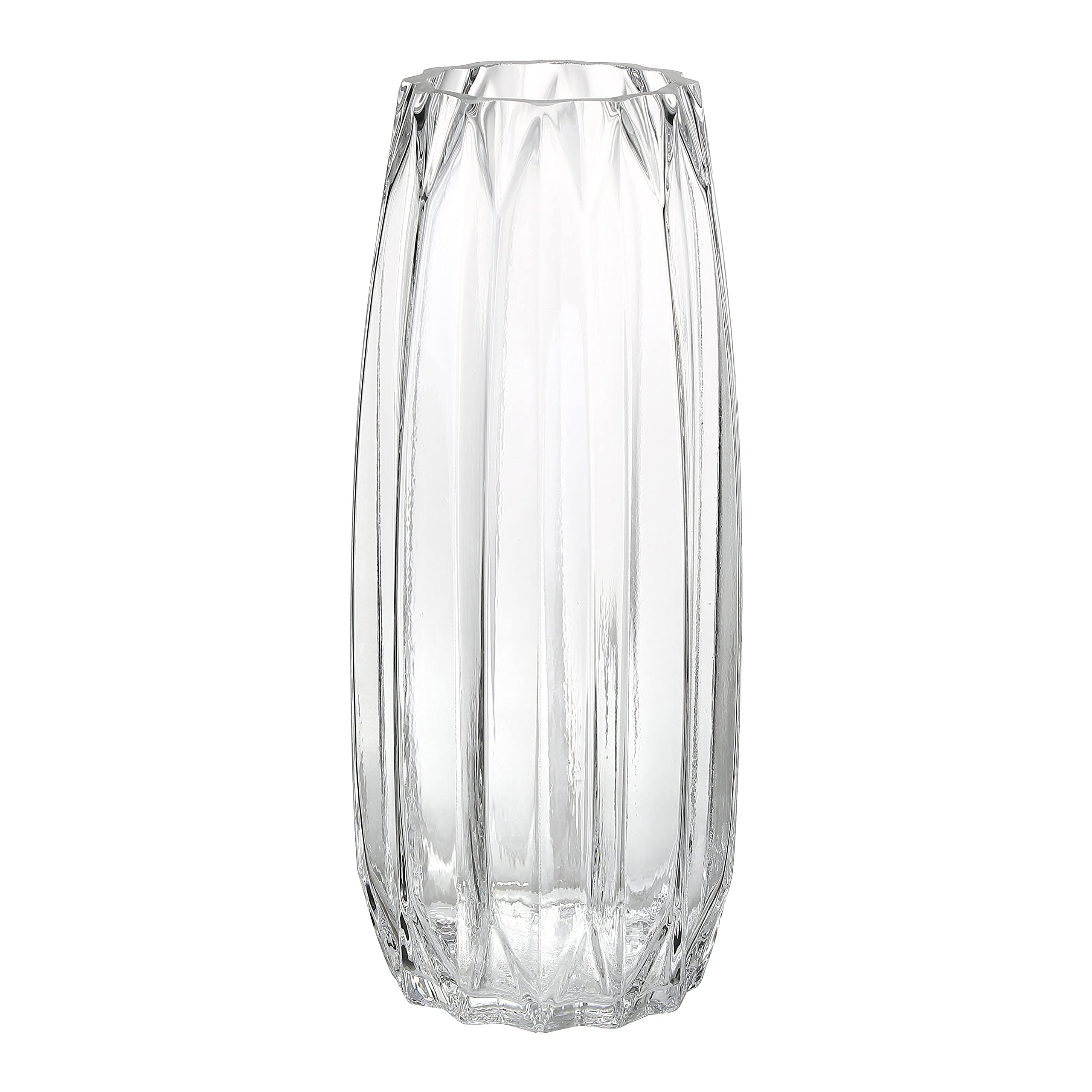 Photo 1 of Modern Ribbed Glass Vase for Flowers, Candles and Decorative Accents - Black, Grey, Amber, Clear and Colored Tall/Short Vase for Centerpieces and Home Table Decor (Clear, H-11.8inch)
