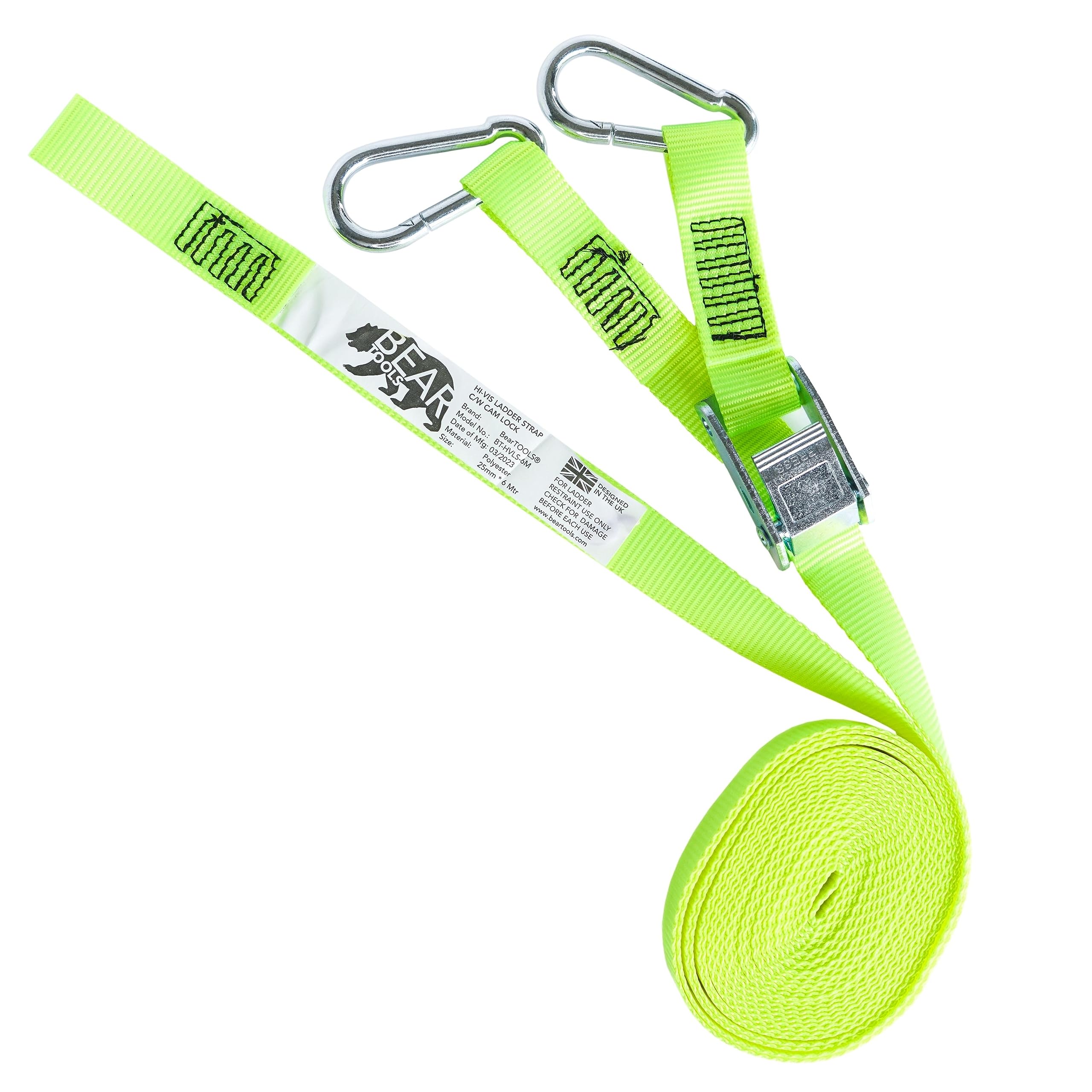 BearTOOLS 6 Meter Hi-Vis Ladder Strap C/W Cam Lock - Ladder Straps for Safety - Cam Lock Connector, Stabiliser for Work Ladders - Avoid Slips & Accidents When Working At Height