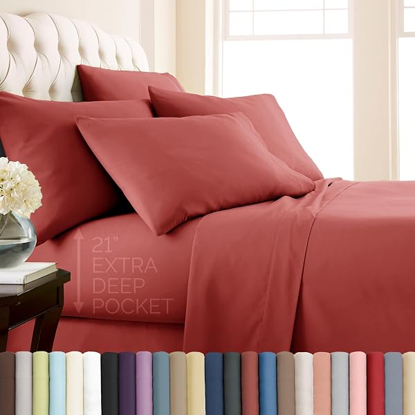 SOUTHSHORE FINE LIVING, INC. 6 PIECE 21 INCH TERRACOTTA SHEETS QUEEN SIZE BED SET, EXTRA DEEP POCKET QUEEN SHEETS SET FOR THICK MATTRESS, SOFT EASY CARE MICROFIBER, PET HAIR RESISTANT BEDDING, MARSALA