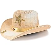 Foeran Cowboy Hat with Men's Women's Western Cowgirl Straw Hats,American Style Gold Glitter Star Braided Headband