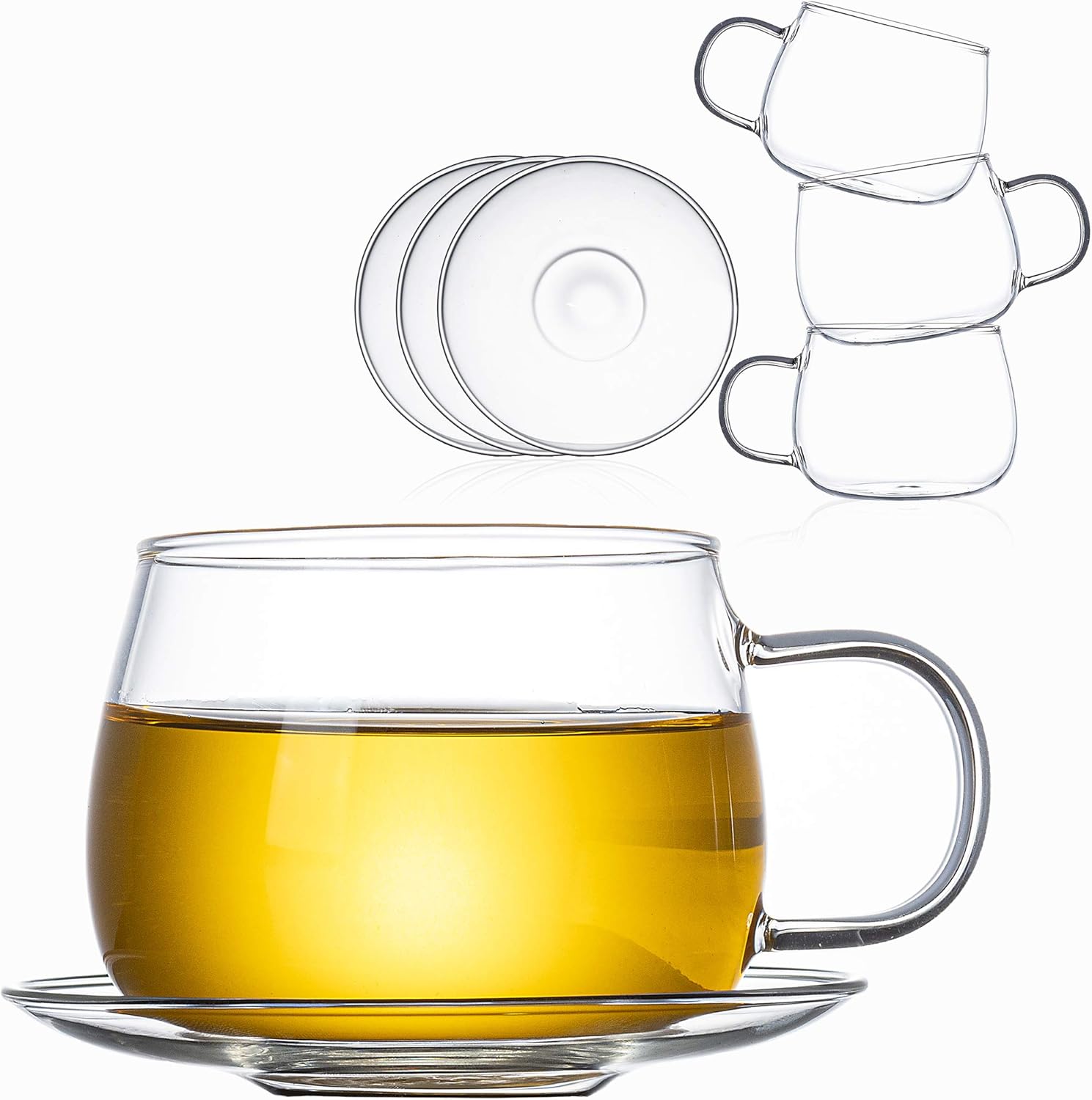 8.7 OZ Clear and Lightweight Glass Tea Cups and Saucers Set GTCS01 4 Large Coffee Cup Jusalpha