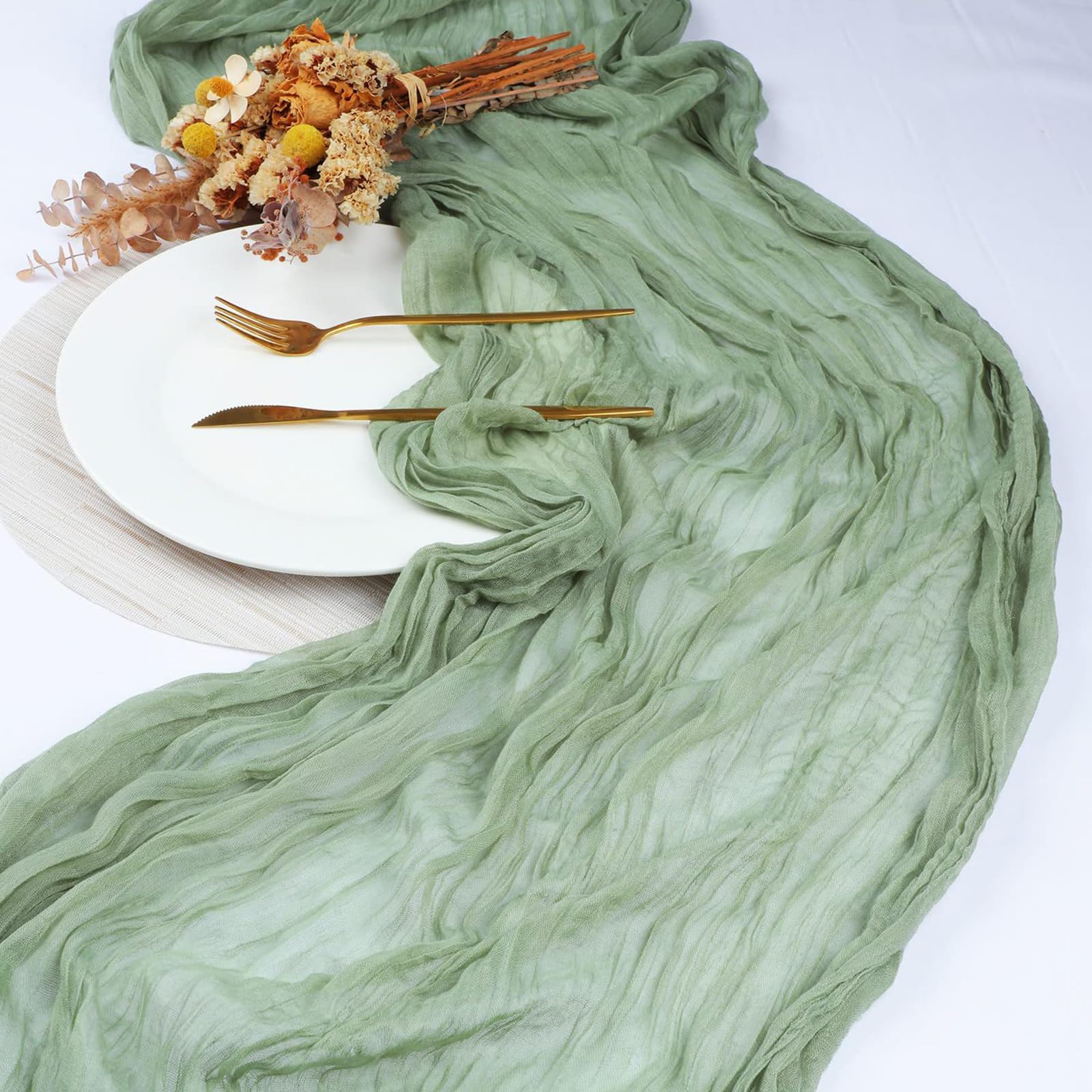 FOSDICK 1Pcs Sage Green Cheesecloth Table Runner, 90×300cm, Rustic Gauze Fabric, Boho Style, Polyester, Natural, Textured