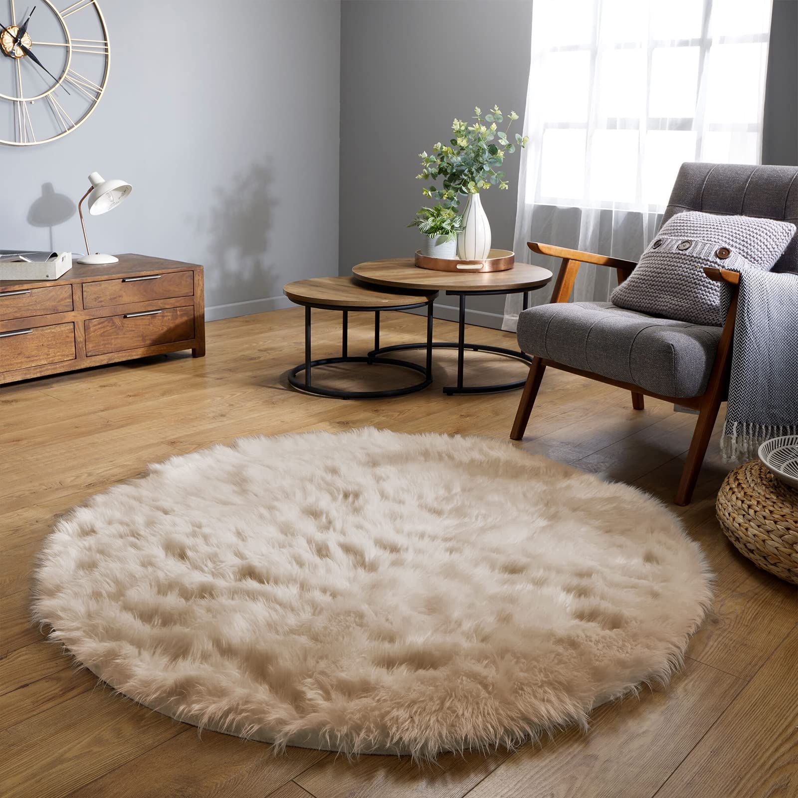 Latepis Light Brown Beige Round Area Rugs 5ft Faux