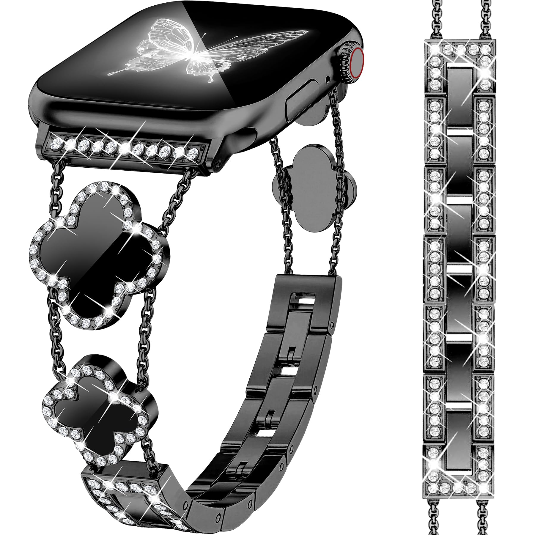 MOINSPIRE Black Bling Diamond Clover Bands Women Compatible with Apple Watch 42mm(S3/2/1) 44/45/46/49mm Lucky Sparkle Dressy Bracelet Metal Strap for iWatch Series 11/10/9/8/7/6/5/4/SE/Ultra 3/2/1