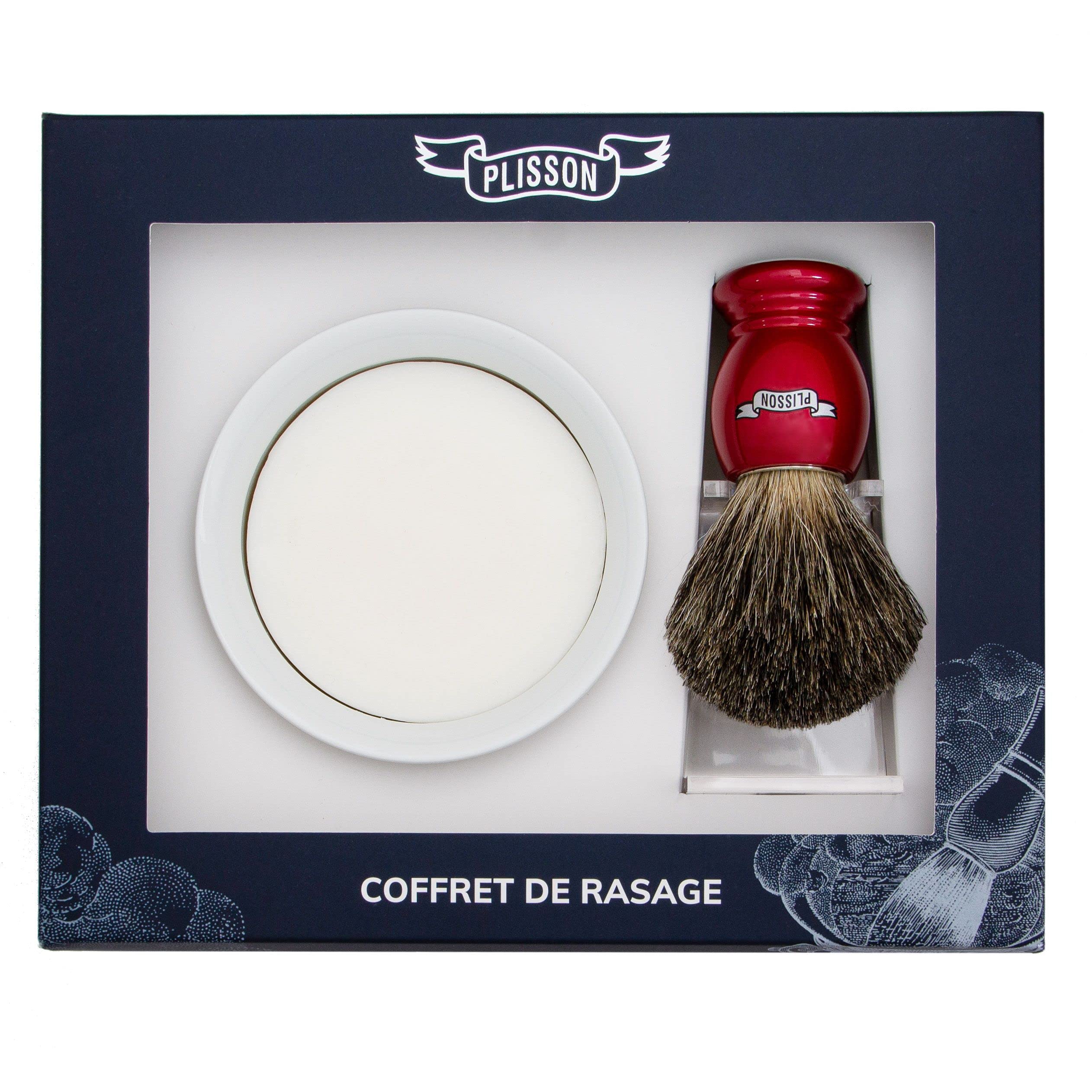Plisson Shaving Set Shaving Brush Red Pearlescent Natural Grey Hair Size 12 Soap Bowl Holder
