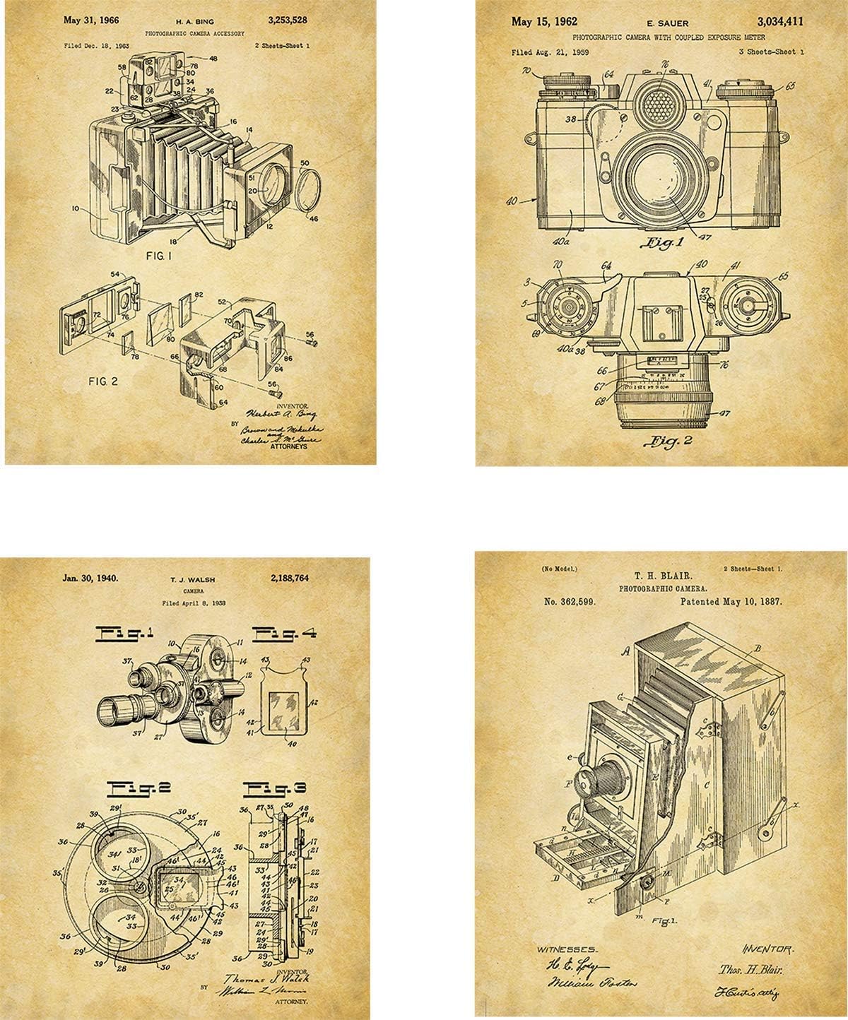 Antique Camera Patent Wall Art Prints - set of Four (8x10) Unframed - wall art decor for photographer