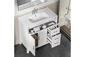 Findepot 30" Bathroom Vanity with Sink White Modern Bathroom Sink Cabinet Storage Cabinet with 3 Drawers,1 Pull Down Drawer and 2 Door,Freestanding Bathroom Vanities,Soft Closing, Solid Wood Frame