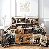 AILONEN Rustic Bear Quilt Set King Size, Wildlife Themed Hunting Quilted Bedspread Soft with 2 Pillowcases,3-Piece Brown Animal Woodland Quilt Bedding Set